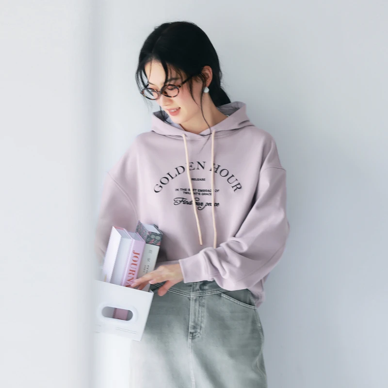 伊芙丽美式学院字母印花休闲百搭灰色短款连帽卫衣女春1G1901261