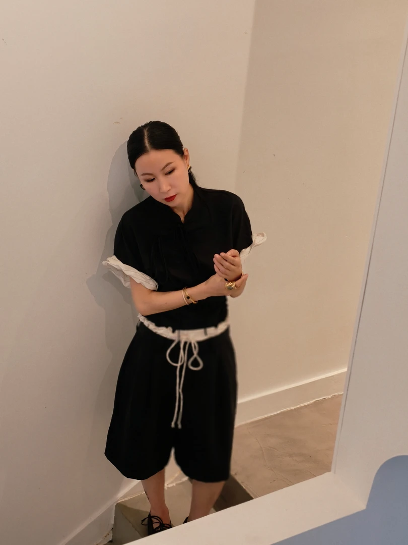 SONG TING｜高定系列桑蚕丝不对称立领拼接云朵边短袖套装