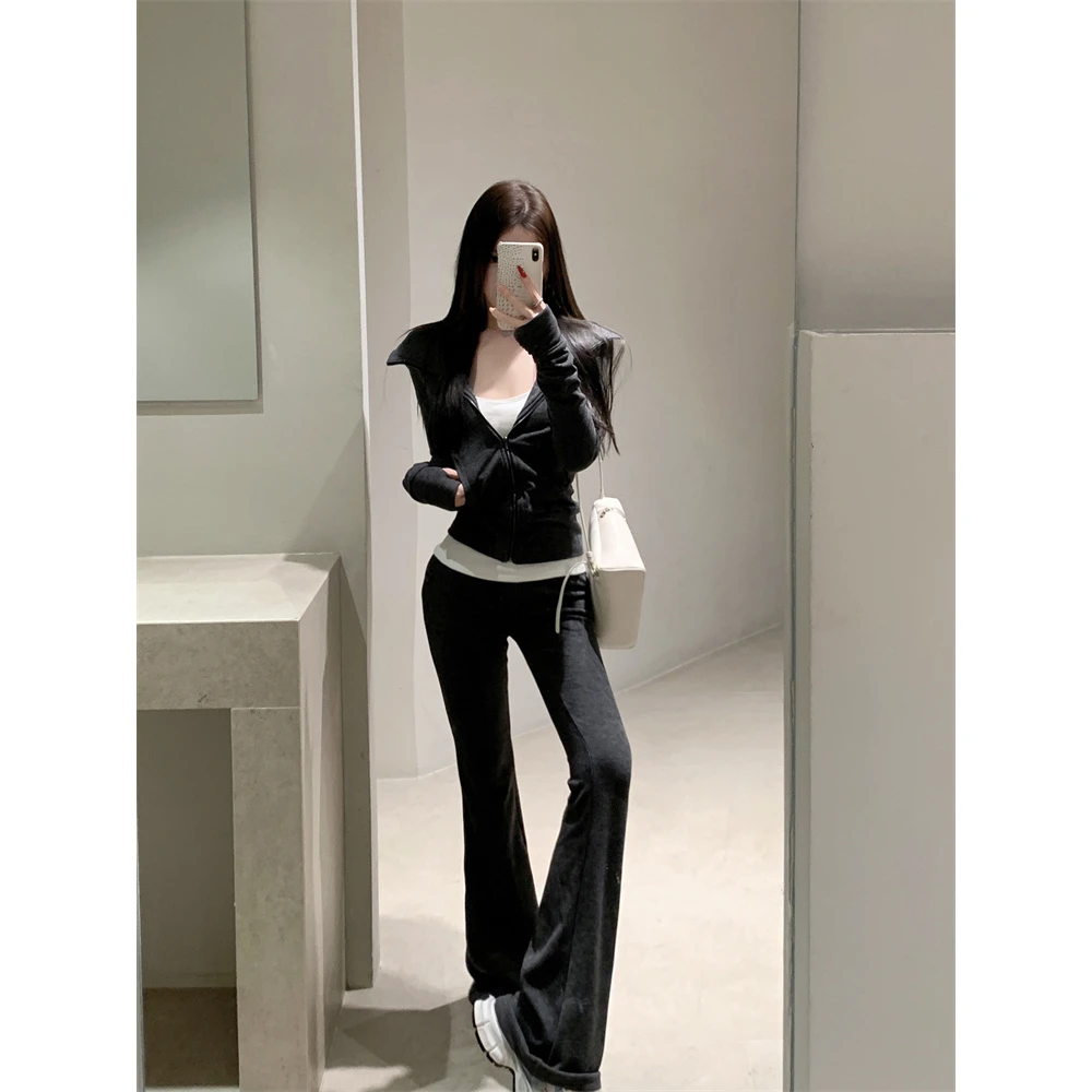 韩系轻熟秋冬拉链连帽长袖卫衣阔腿长裤两件套小众炸街高级感女装