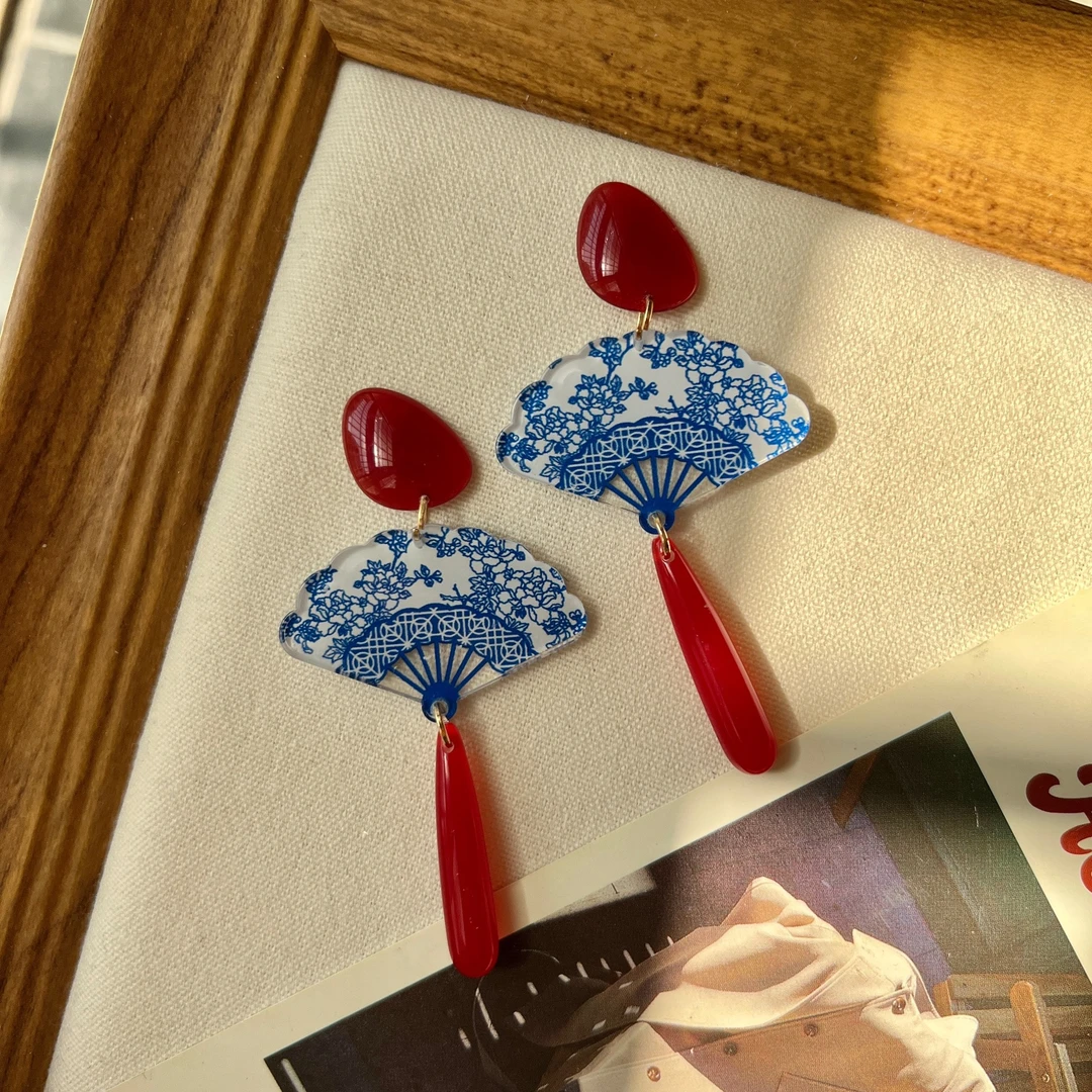 铜合金树脂耳饰 新中式扇子民族风耳环女古风红蓝汉服耳夹耳饰女
