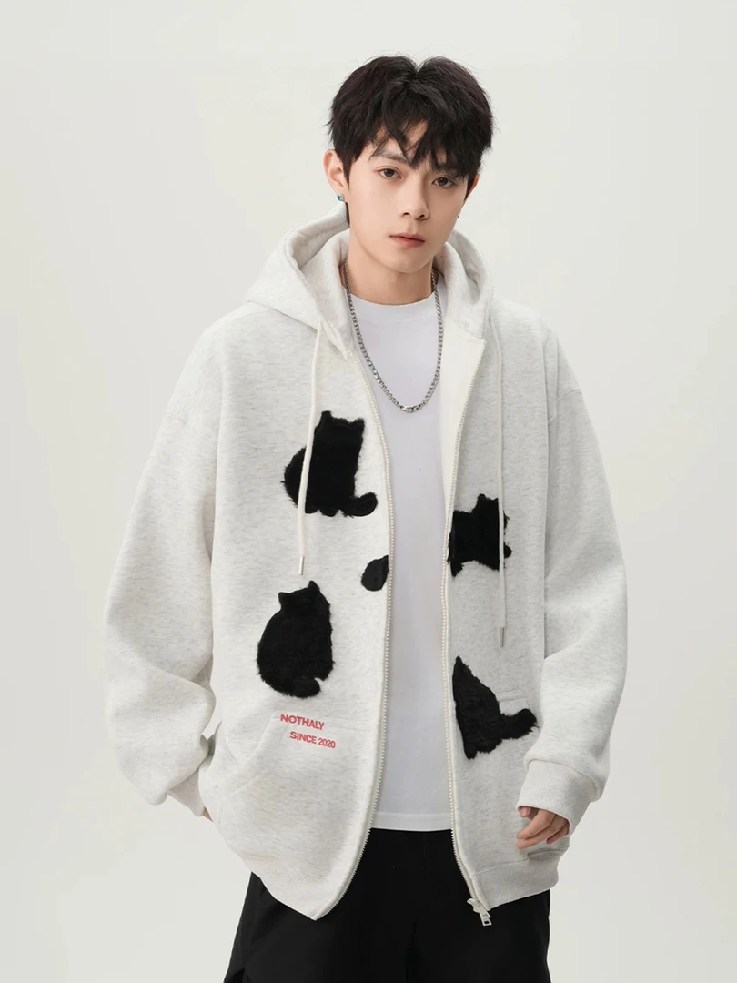 美式复古刺绣开衫情侣拉链卫衣外套KS58