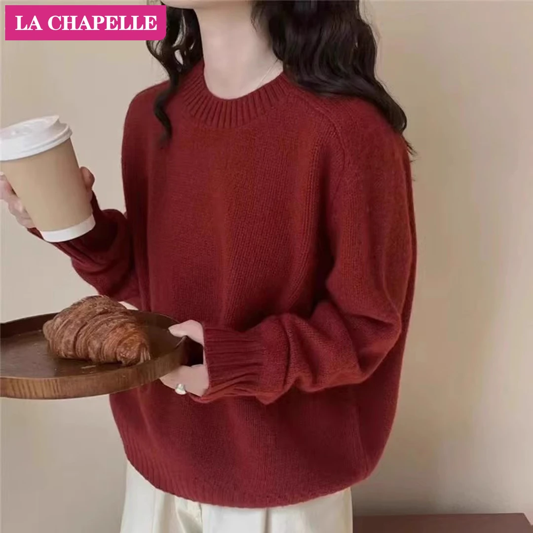 拉夏贝尔温柔风圆领套头毛衣女2025秋冬新款软糯显瘦加厚慵懒上衣