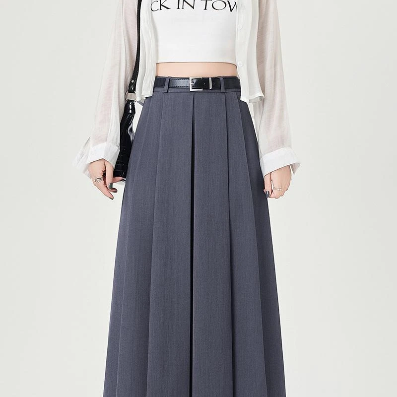 灰色高腰半身裙女秋季2025新款高级感显瘦a字百褶黑色西装中长裙