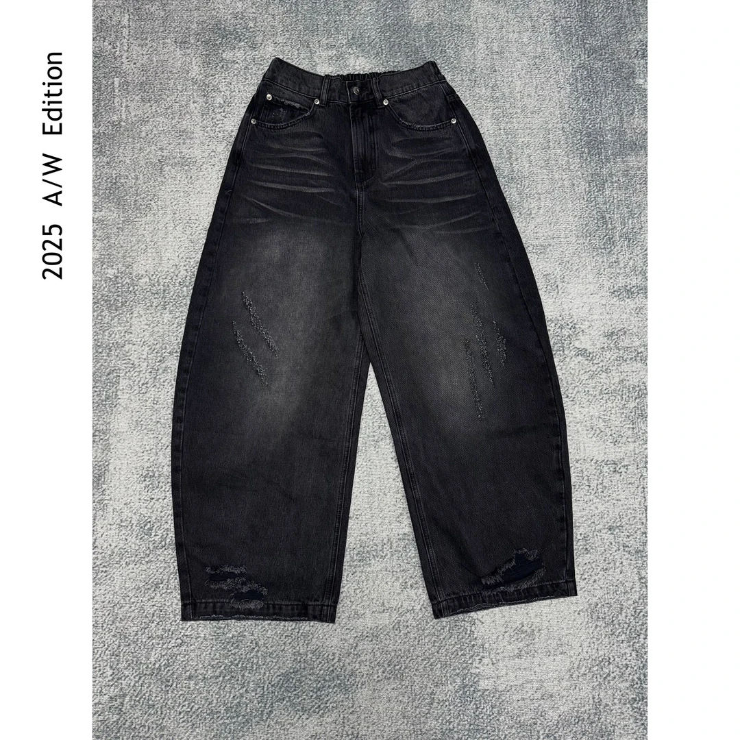 ARUI 2025 A/W 欧货美式100棉重磅复古水洗弯刀抓破茧型男牛仔裤