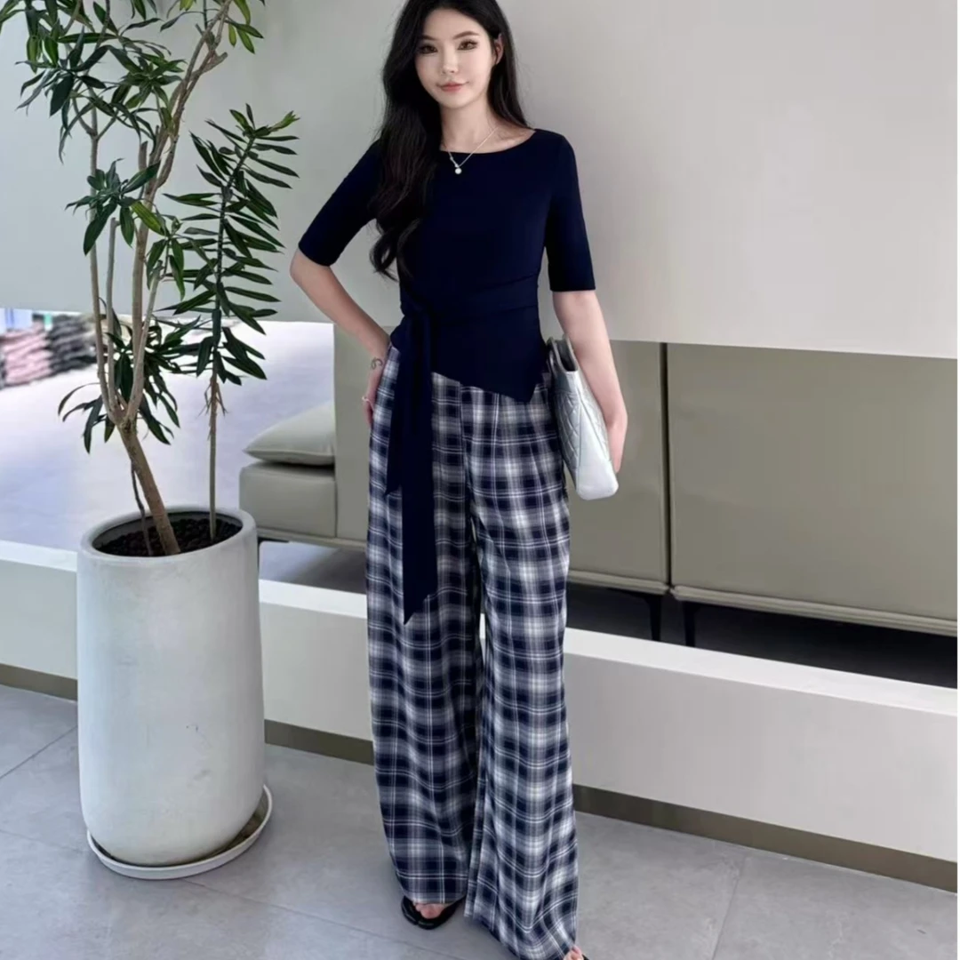 2025初秋新款时尚套装女设计感小众短袖T恤高腰显瘦格子阔腿裤潮