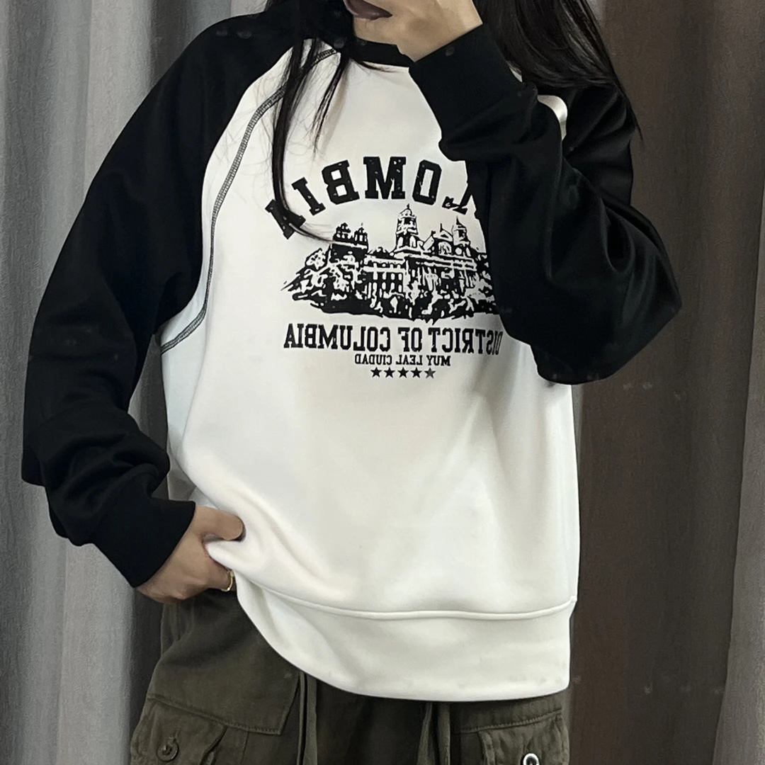 （外贸品质）早秋撞色卫衣新款圆领韩版印花上衣女潮23290