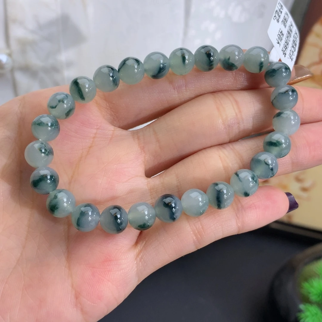 翡翠未镶嵌手串卡7.5冰胶蓝飘花手串