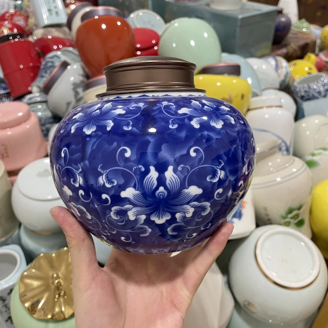 山景造物-冰种青花自吸盖密封罐储物罐茶叶罐a36