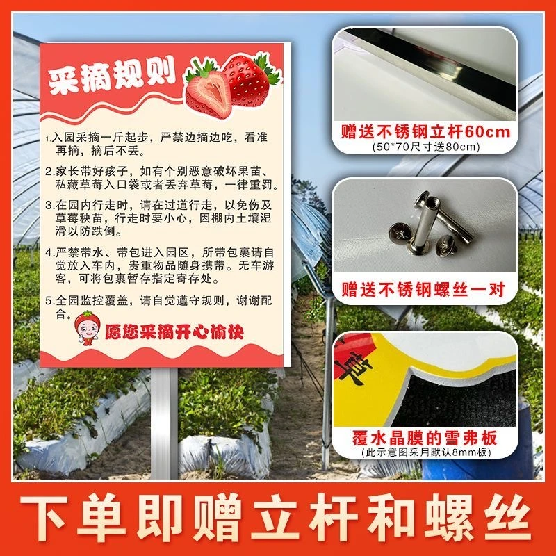 草莓园采摘方向指引牌采摘规则规章制度挂牌文明采摘可插地提示牌