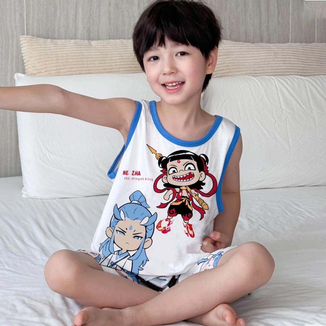 儿童睡衣男孩夏季无袖背心套装卡通哪吒纯棉短袖薄款小宝宝家居服