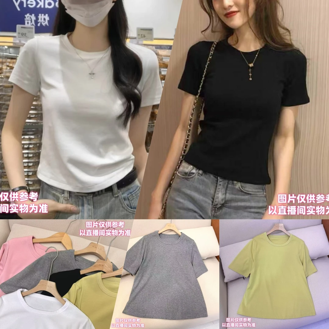 胖汐*圆领纯色短袖早春款设计感时尚显瘦高级感百搭