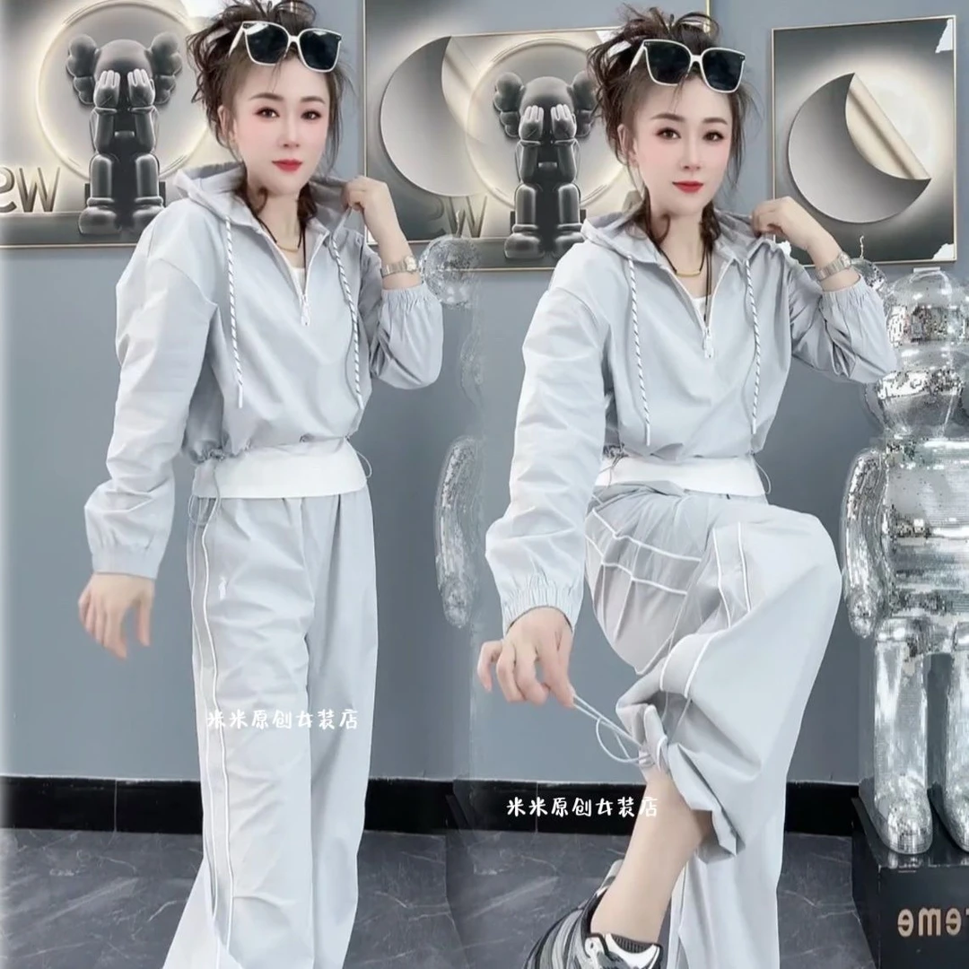 2025夏轻薄防晒半拉链带帽上衣+背心+阔腿裤三件套女休闲洋气简约