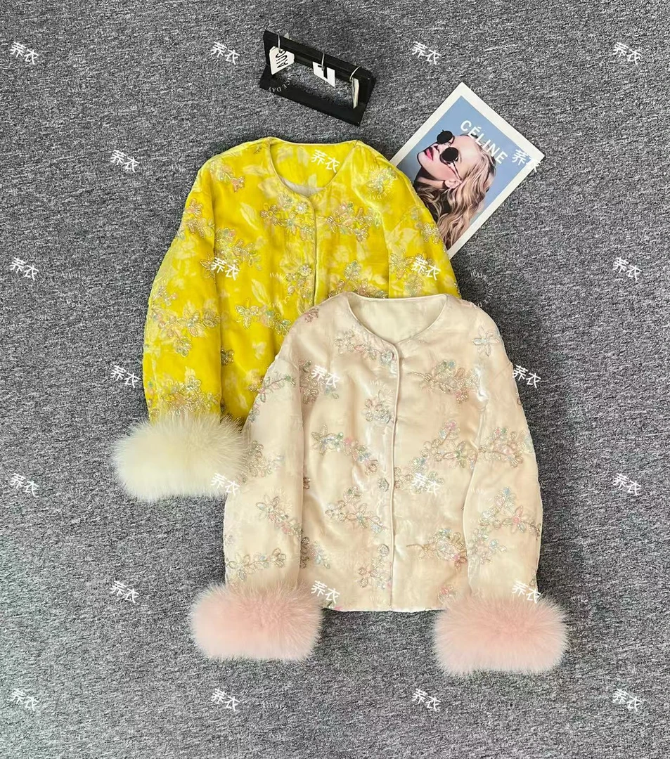 高端定制90白鸭绒重工刺绣钉珠进口金属丝时尚羽绒服外套