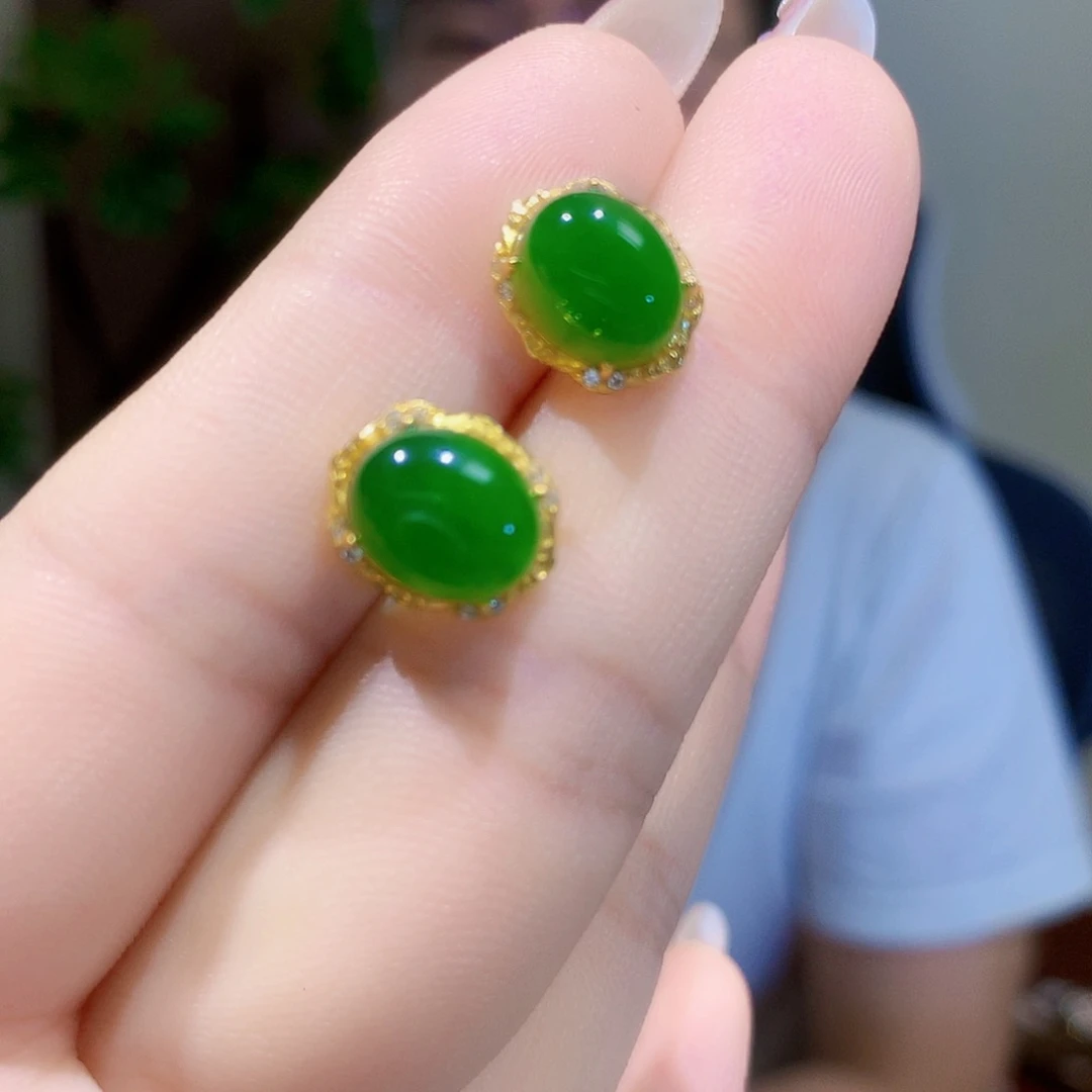 银S925镀金镶嵌和田玉（碧玉）耳饰