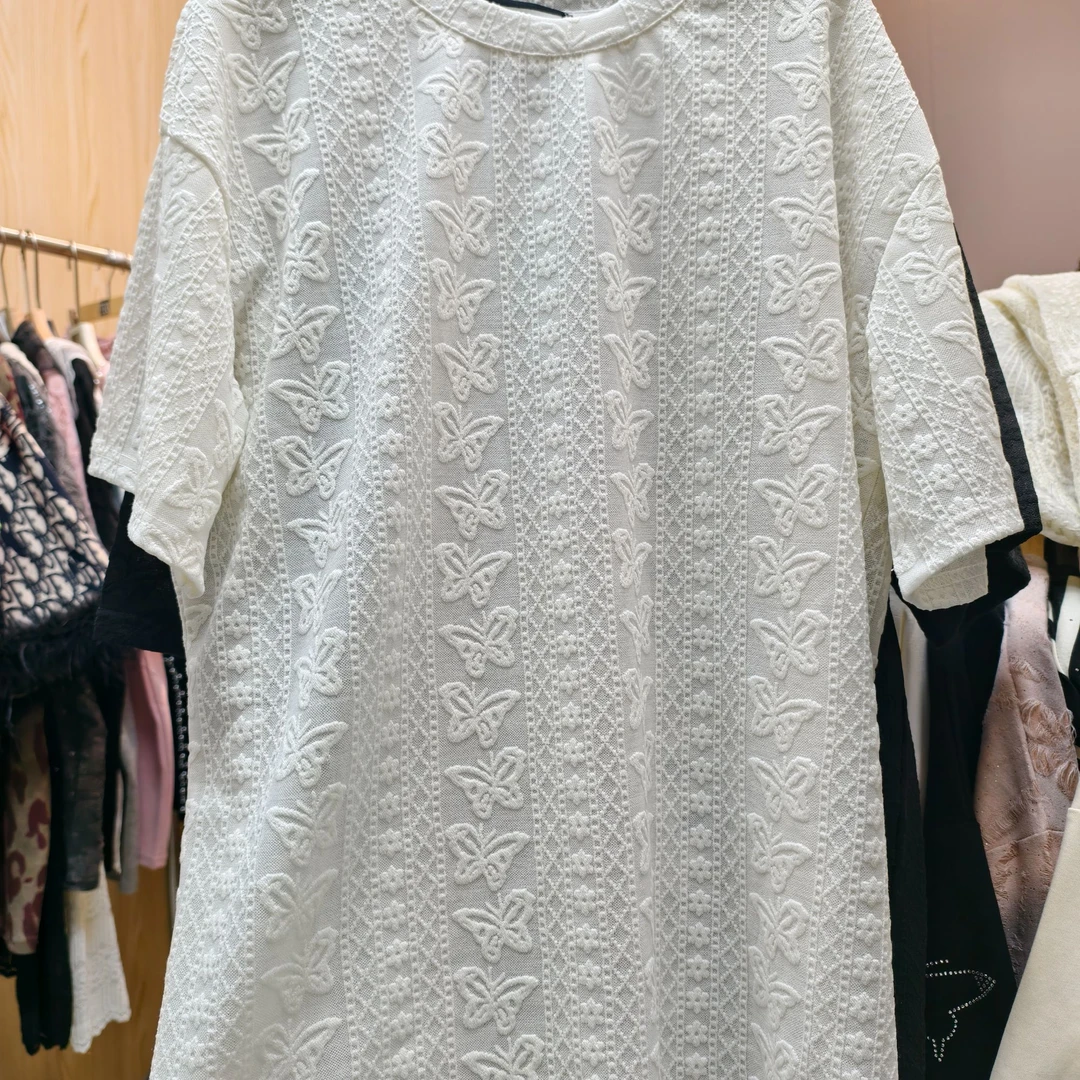 Cherryjar【251314】白色时尚休闲夏季半袖印花蕾丝百搭上衣