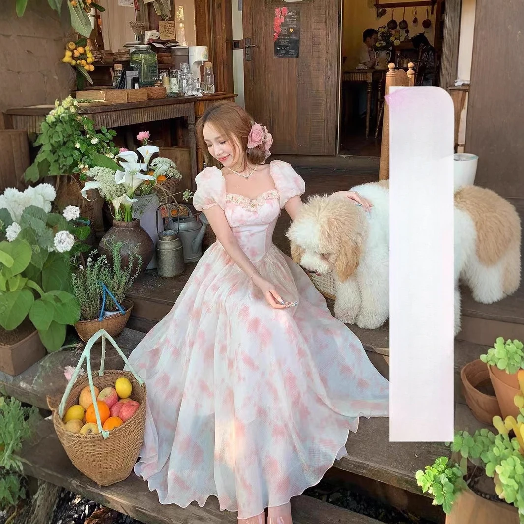 温柔荷叶收腰初恋长裙碎花夏季连衣裙法式大码方领气质显瘦仙女