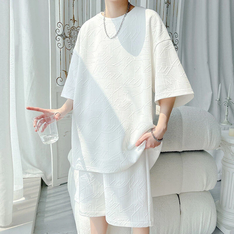 夏季潮流男士纯色字母提花纹理感短袖宽松百搭短裤运动休闲套装