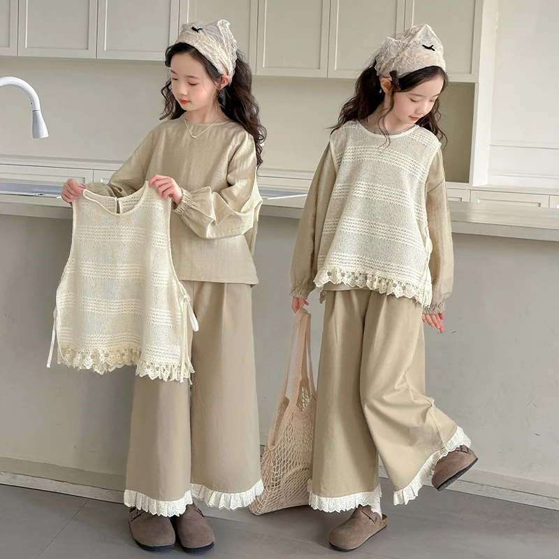 女童春秋款套装2025新款6-12岁15岁中大童洋气韩版甜美马甲三件套