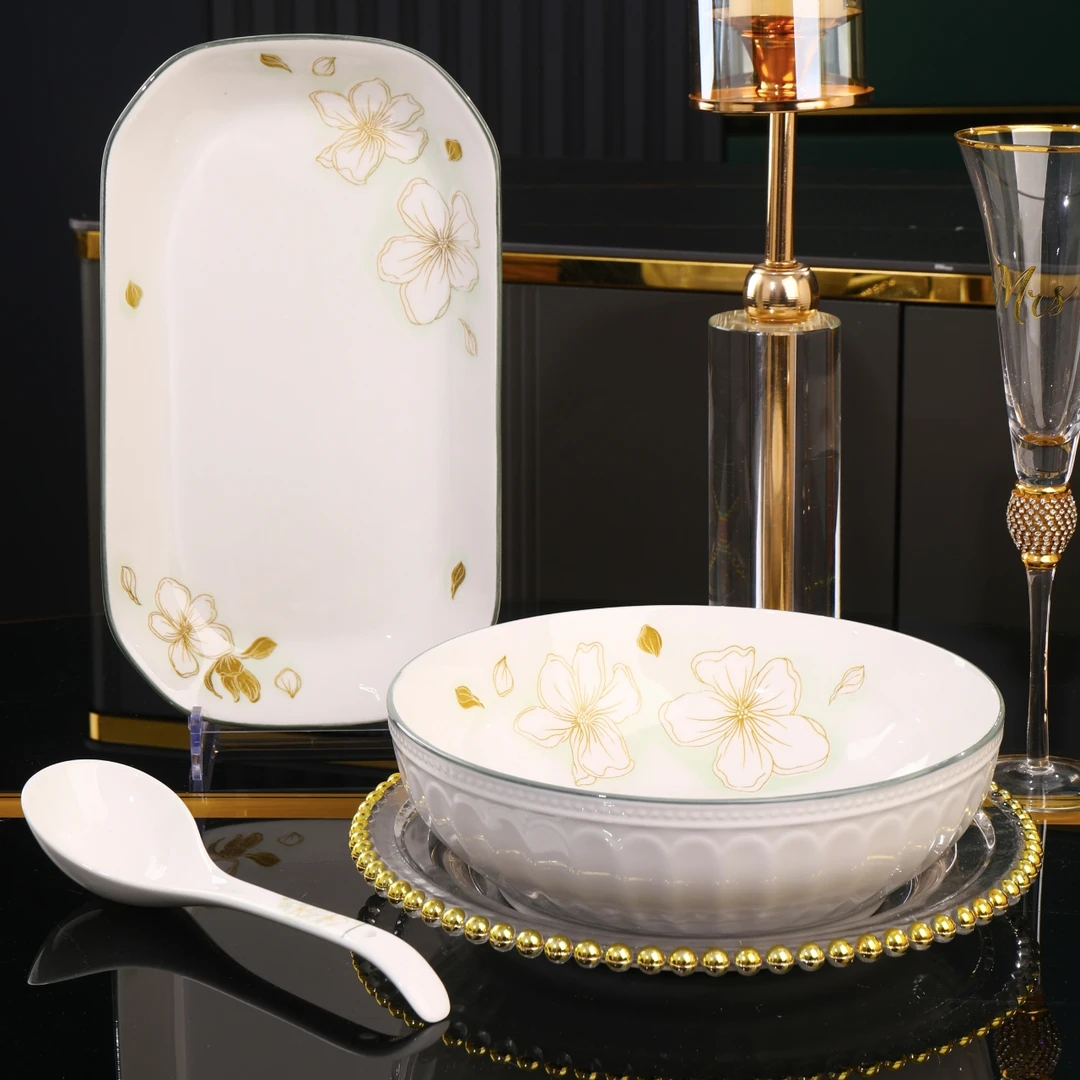 3件套套装黄金叶家用陶瓷餐具汤碗鱼盘汤勺