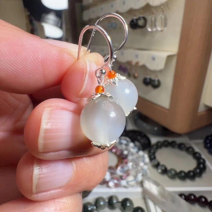 长石耳钉银S925镶嵌天然白月光石