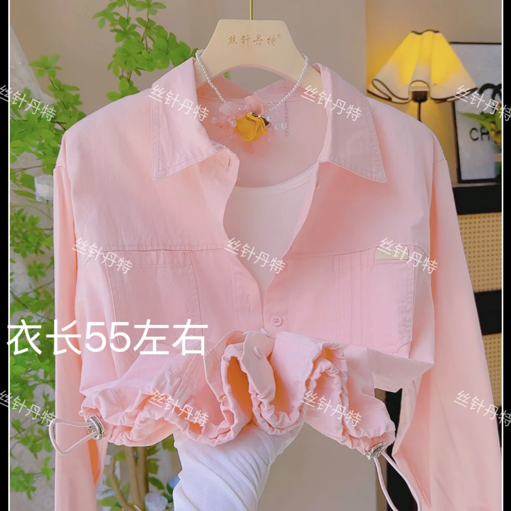 名212 短款Polo领牛仔衬衫外套女春夏小个子下摆抽绳法式衬衣女