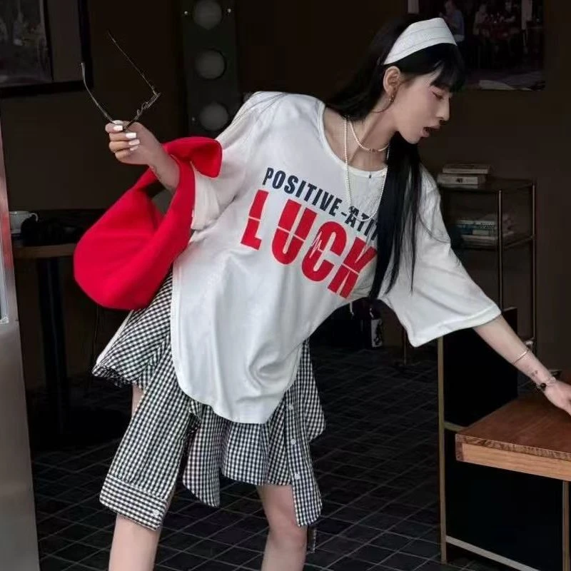 MM宽松百搭拼色美式字母休闲运动U领T恤21271款