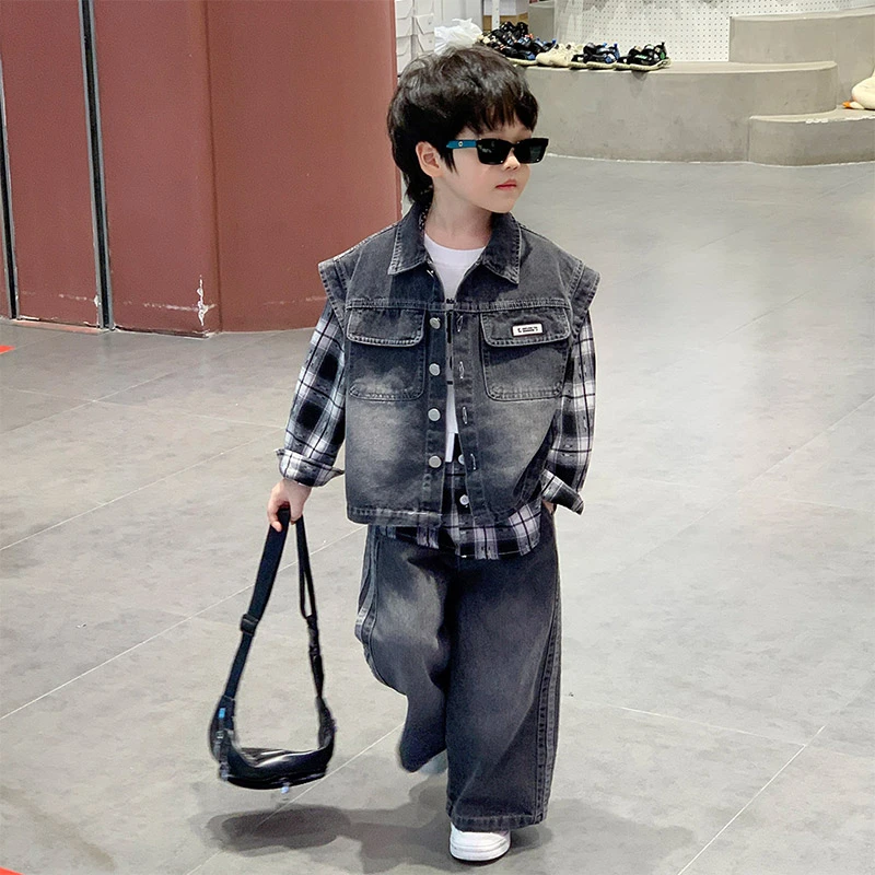 儿童秋装牛仔马甲三件套2025新款男童春秋韩系套装男宝宝直筒裤潮