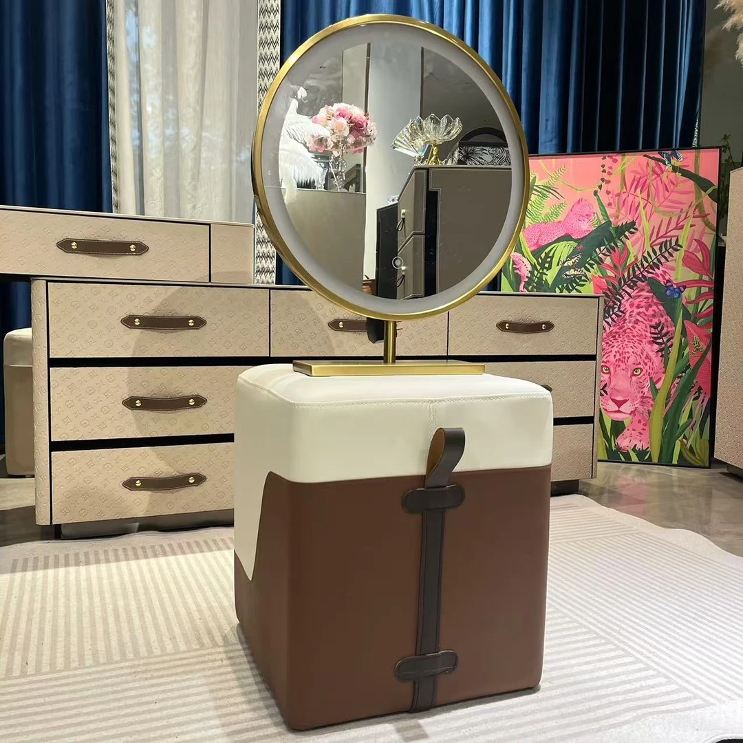 【喜悦家具】压花梳妆台配套妆凳(40*40*45)+镜(直径45高度53)