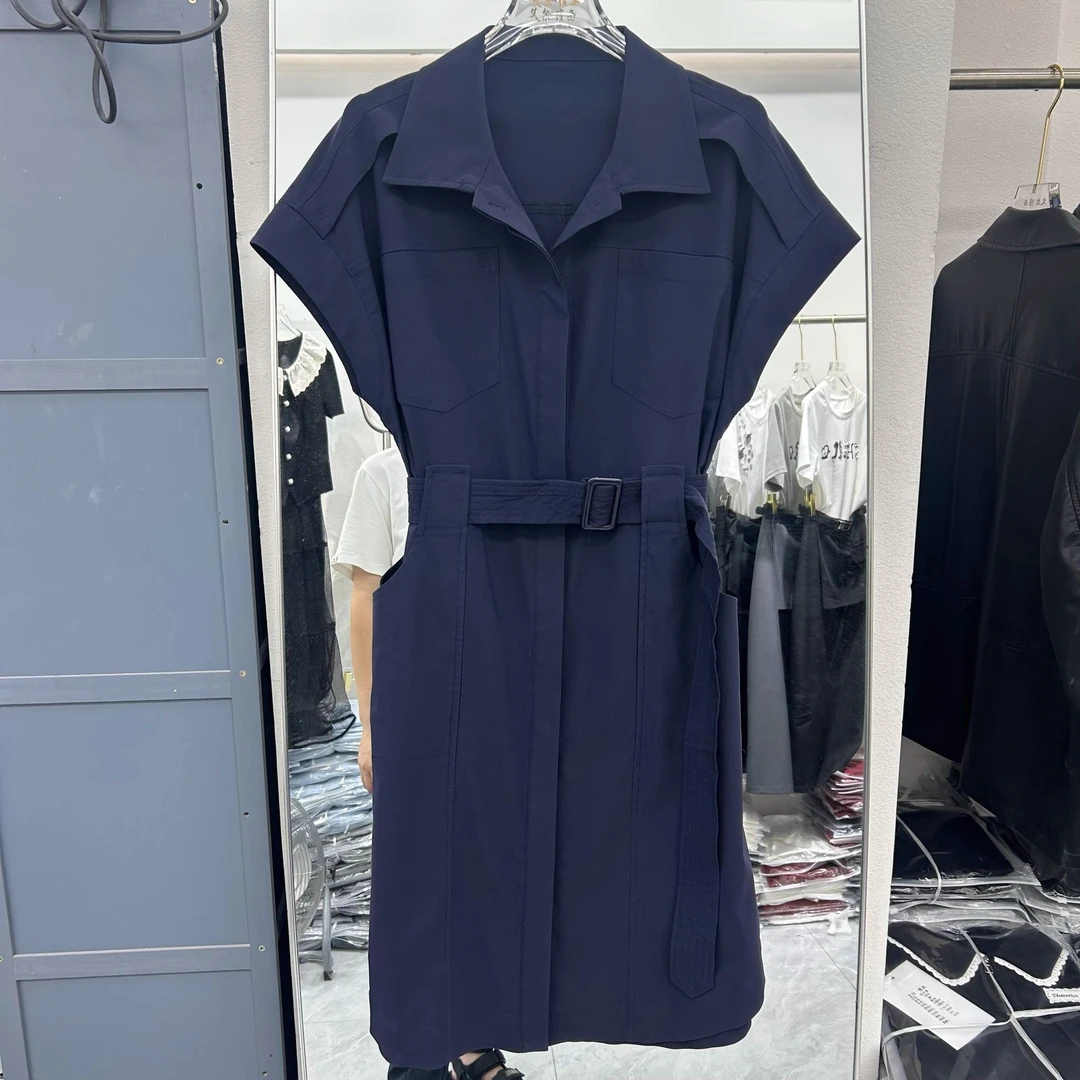 时尚工装翻领腰带连衣裙女2025夏季新款洋气小个子显瘦中长款裙子