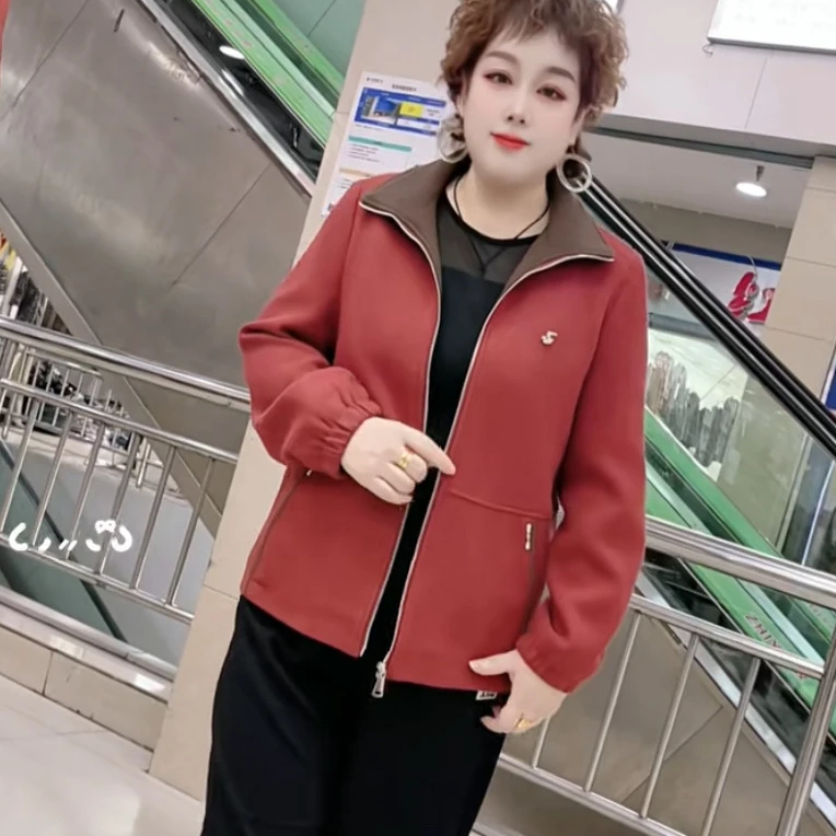 时尚妈妈春秋短款休闲百搭咖色拼接领气质减龄撞色外套