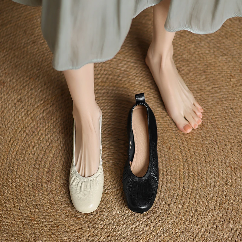 2.5CM，羊皮玛丽珍鞋浅口平跟单鞋软底百搭法极简浅口低跟女士单鞋