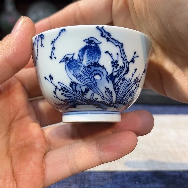 瓷杯子青花花鸟杯