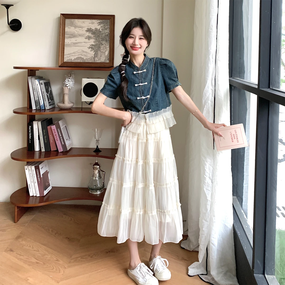 新中式国风牛仔上衣蕾丝裙套装女夏2025新款韩系减龄半身裙两件套