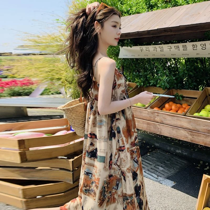 法式复古晕染吊带裙女夏2025新款波西米亚海边度假绝美减龄连衣裙