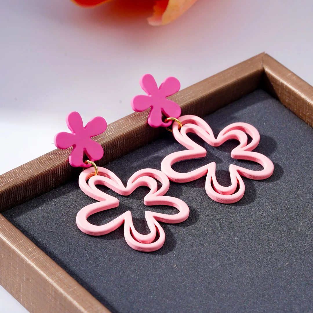 铜合金耳饰 粉色花朵耳环女可爱甜酷时尚耳坠小众独特耳饰N2744