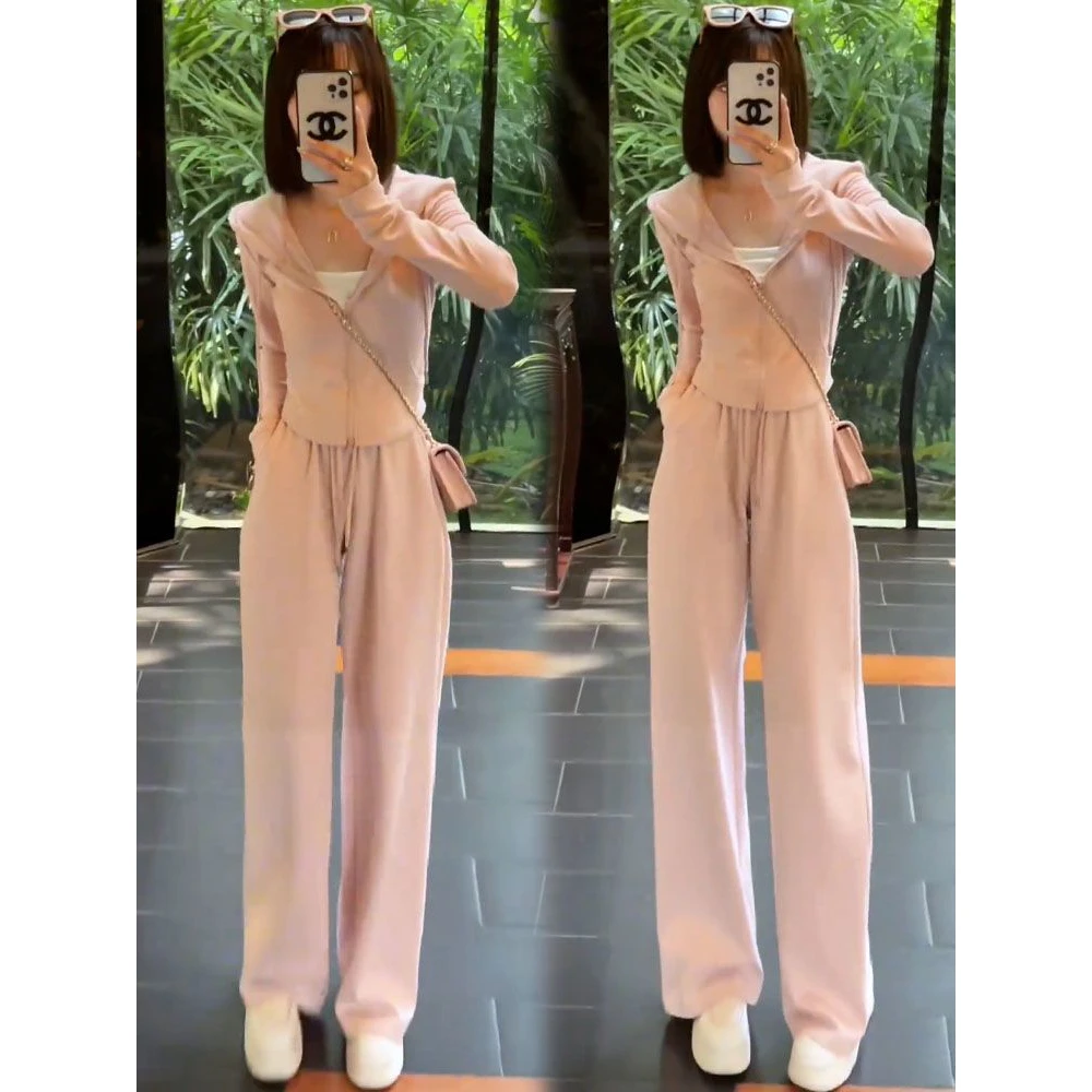修身显瘦开衫卫衣阔腿裤两件套女2025春秋新款小个子休闲减龄套装