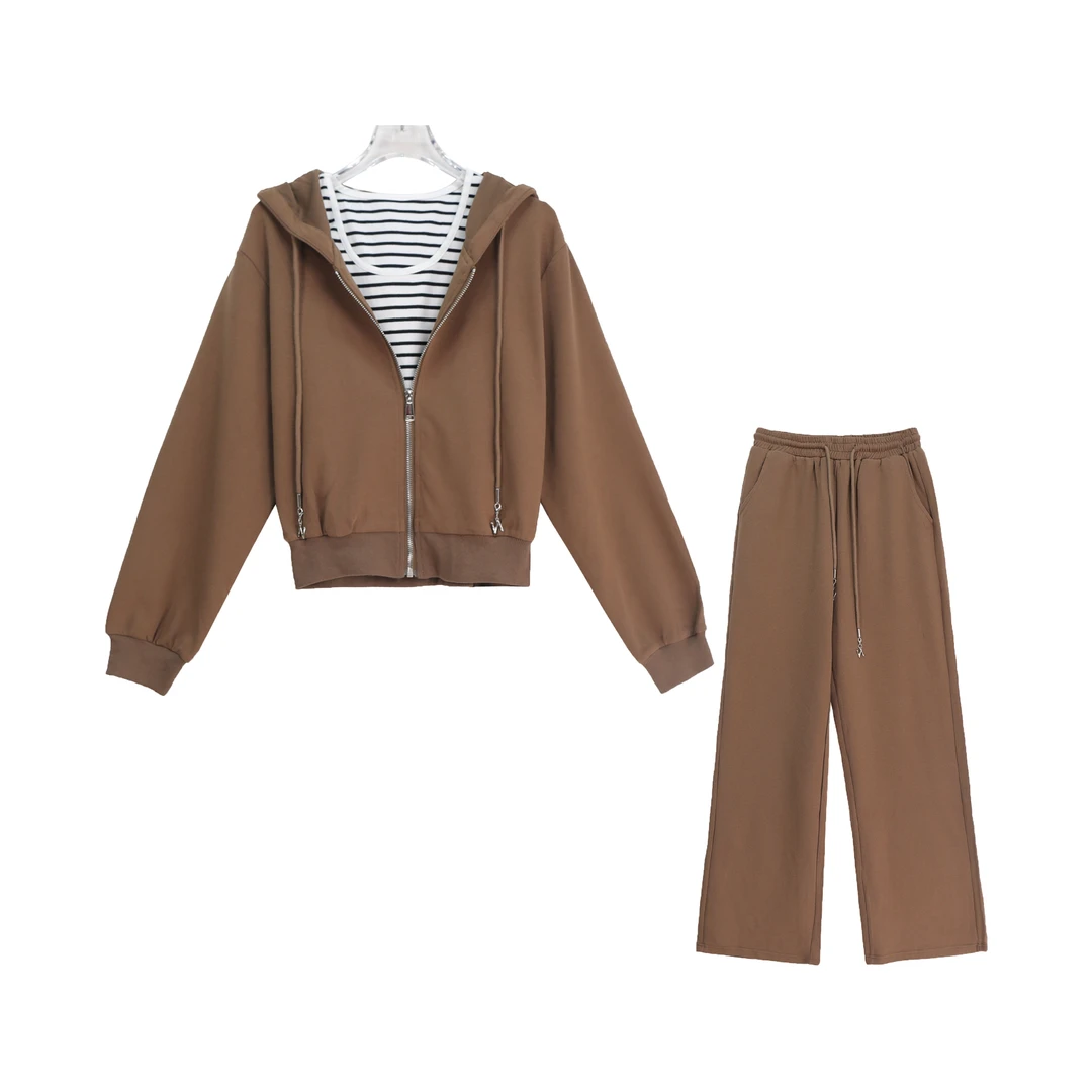 S 时尚条纹吊带休闲连帽外套卫衣阔腿裤三件套S4423