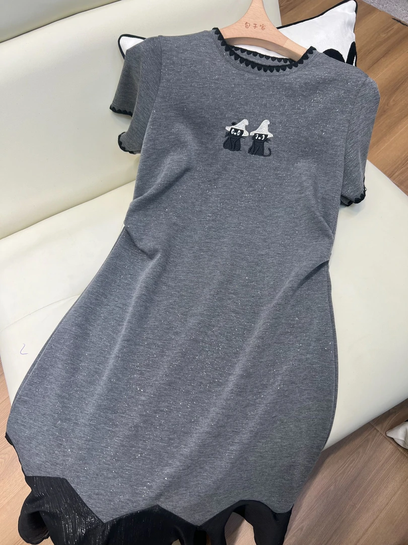 【小鹿】小个子刺绣纯色中长裙夏季连衣裙黑色灰色圆领中长款