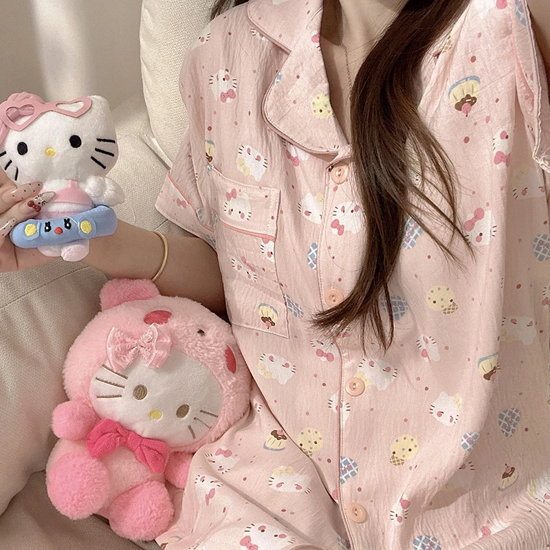 布丁点点kitty带胸垫三件套泡泡棉开衫睡衣少女夏短袖长裤家居服