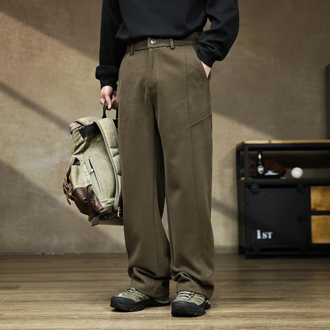 美式高端重磅针织直筒卫裤男秋冬加绒保暖新款宽松大码纯色休闲裤