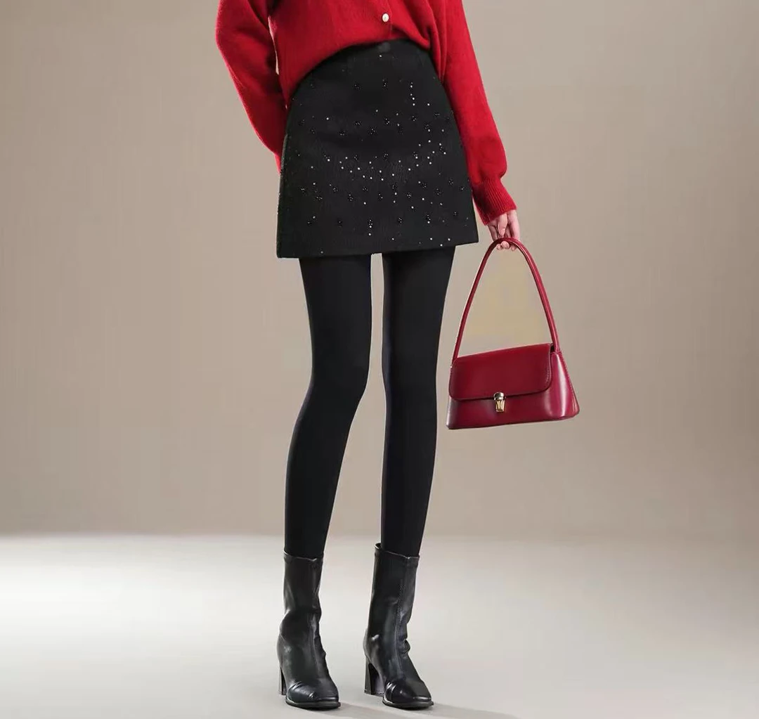 烁光织影 重工亮片小香羊毛高腰显瘦百搭A字包臀半身裙YL-263824