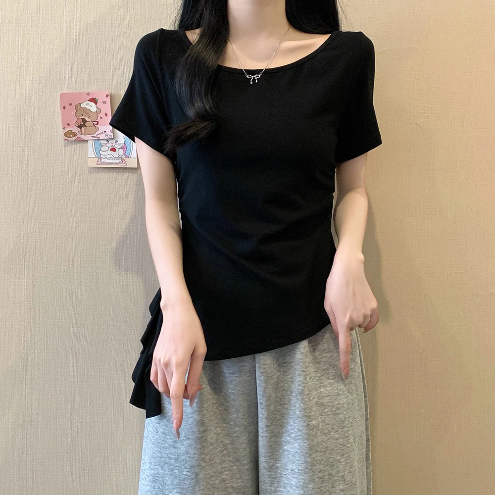 2025夏季新款夏装大码女荷叶边设计百搭收腰短袖正肩T恤显瘦上衣