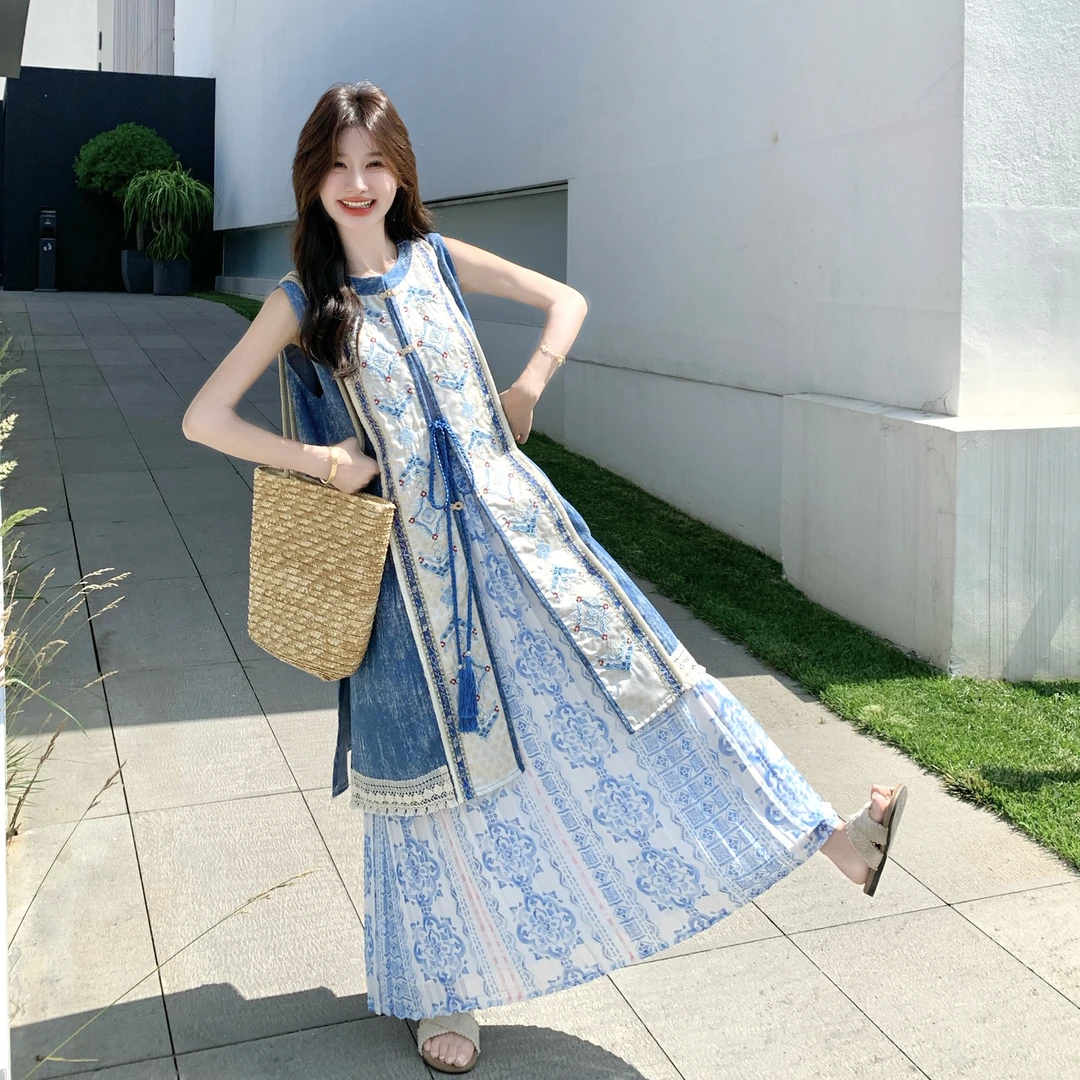 巨好看的异域风情印花马甲罩衫套装裙女夏波西米亚民族印花连衣裙