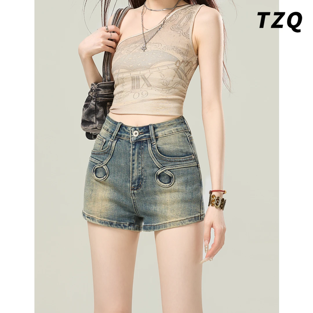 高腰复古牛仔短裤女夏季2025新款弹力提臀辣妹时尚热裤TZQ2540604