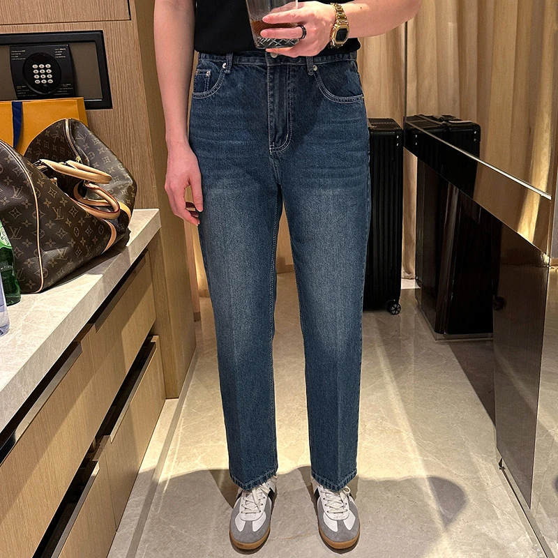 DeweLvum新品修身百搭水洗休闲九分裤男士时尚新款直筒牛仔裤男装