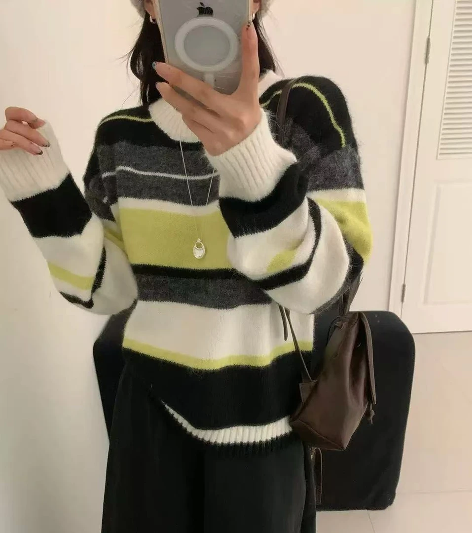 （精致佳人）欧货条纹撞色减龄毛衣女2025年秋冬新款圆领简约针织衫