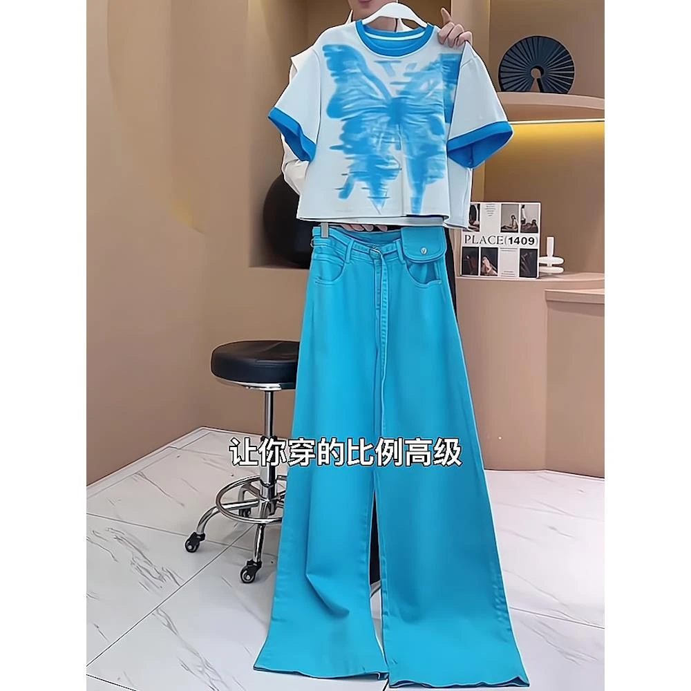 欧洲站休闲运动长裤一整套春夏款个性印花圆领短袖T恤两件套女装