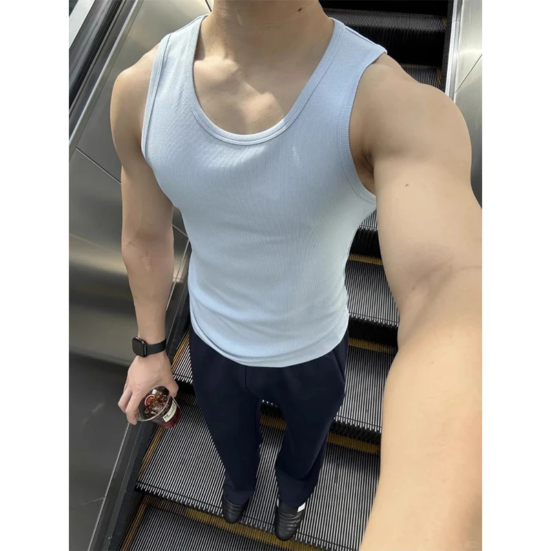美式休闲运动健身弹力背心男款粗螺纹夏季纯色打底衫无袖肌肉T恤