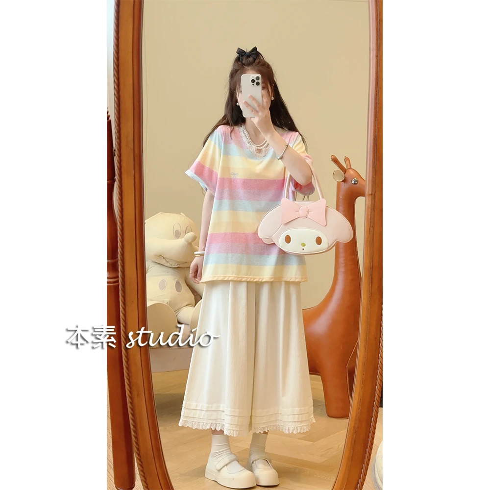 彩虹T C4376刺绣蝴蝶结蕾丝拼接V领短袖T恤