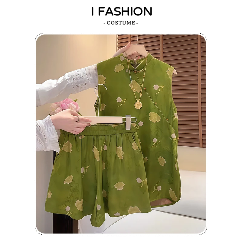 新中式国风盘扣套装女2025夏季新款高级感无袖背心提花短裤两件套